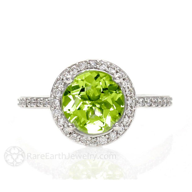 Peridot Ring with Diamond Halo August Birthstone 14K White Gold - Rare Earth Jewelry