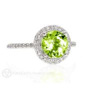 Peridot Ring with Diamond Halo August Birthstone 18K White Gold - Rare Earth Jewelry
