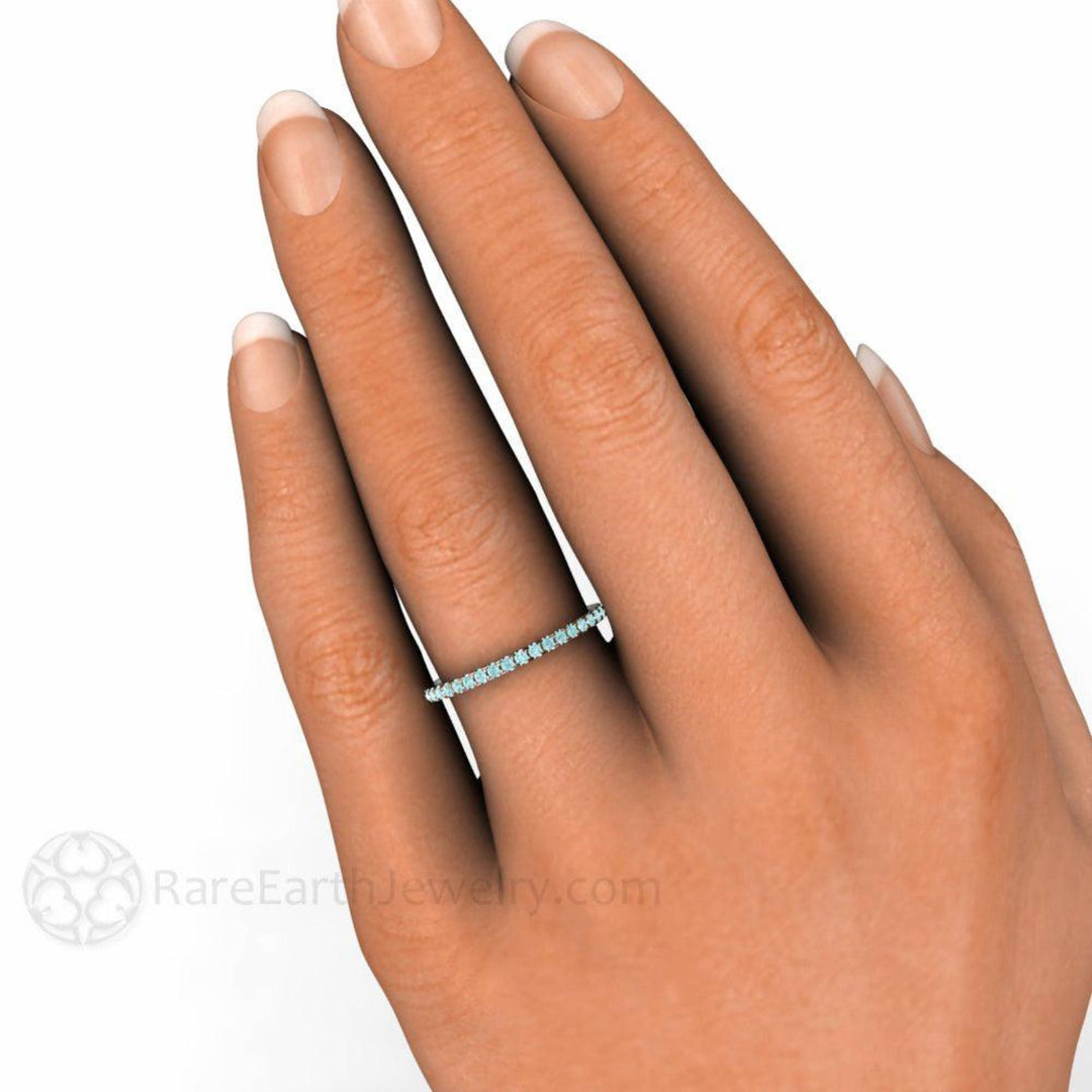 Petite Light Blue Diamond Wedding Band on the Hand, Pave Diamond Ring, Stackable in Gold or Platinum | Rare Earth Jewelry