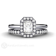 Petite Halo White Sapphire Engagement Ring Bridal Set Platinum - Rare Earth Jewelry