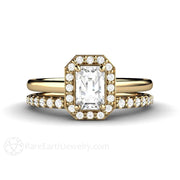 Petite Halo White Sapphire Engagement Ring Bridal Set 14K Yellow Gold - Rare Earth Jewelry