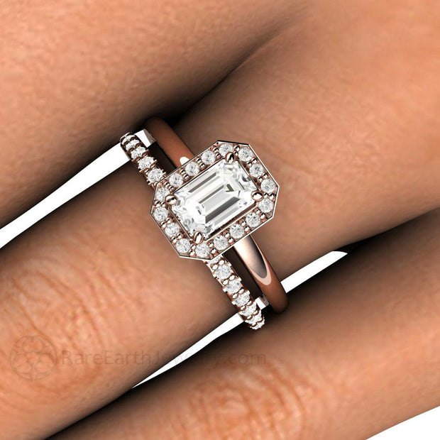Petite Halo White Sapphire Engagement Ring Bridal Set 14K Rose Gold - Rare Earth Jewelry