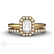 Petite Halo White Sapphire Engagement Ring Bridal Set 18K Yellow Gold - Rare Earth Jewelry