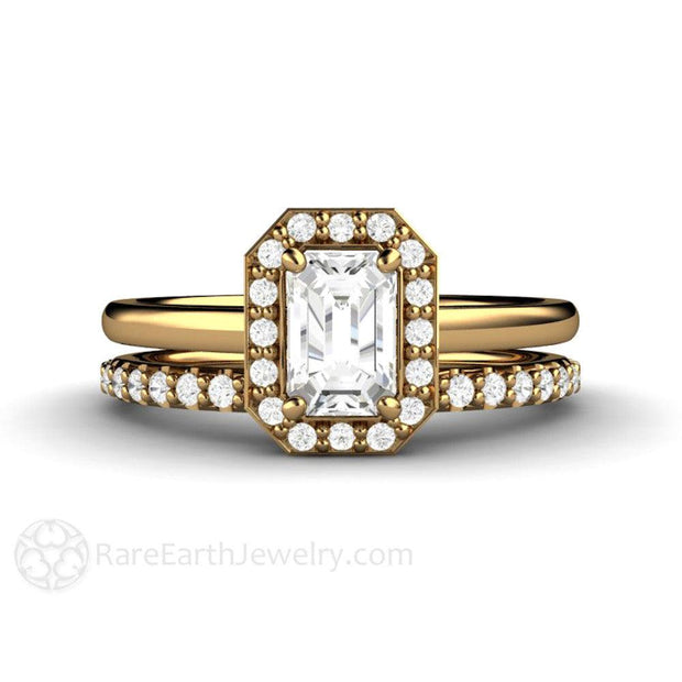 Petite Halo White Sapphire Engagement Ring Bridal Set 18K Yellow Gold - Rare Earth Jewelry