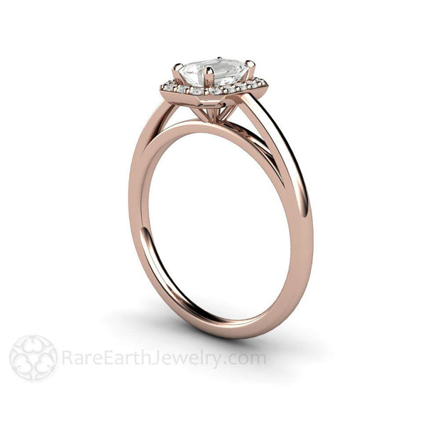 Petite Halo White Sapphire Engagement Ring Bridal Set 14K Rose Gold - Rare Earth Jewelry