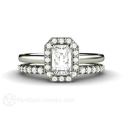 Petite Halo White Sapphire Engagement Ring Bridal Set 14K White Gold - Rare Earth Jewelry