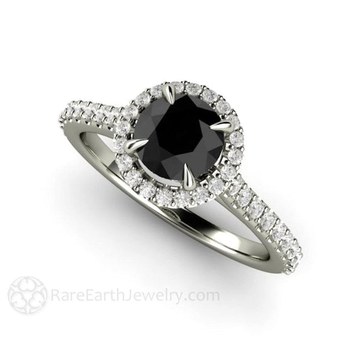 Petite Pave Halo Black Diamond Engagement Ring - Rare Earth Jewelry