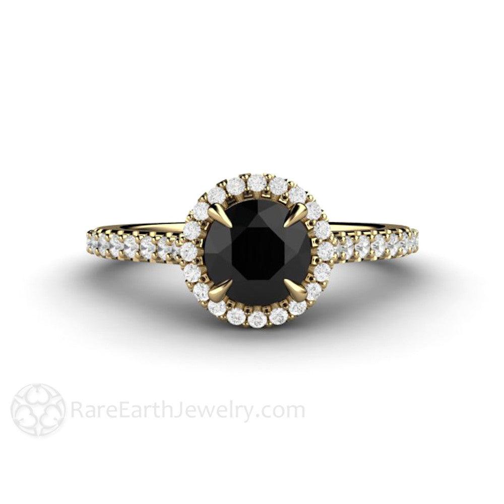 Petite Pave Halo Black Diamond Engagement Ring - Rare Earth Jewelry