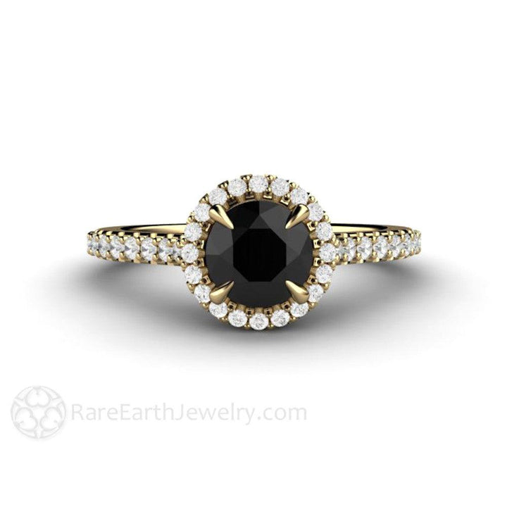 Petite Pave Halo Black Diamond Engagement Ring - Rare Earth Jewelry