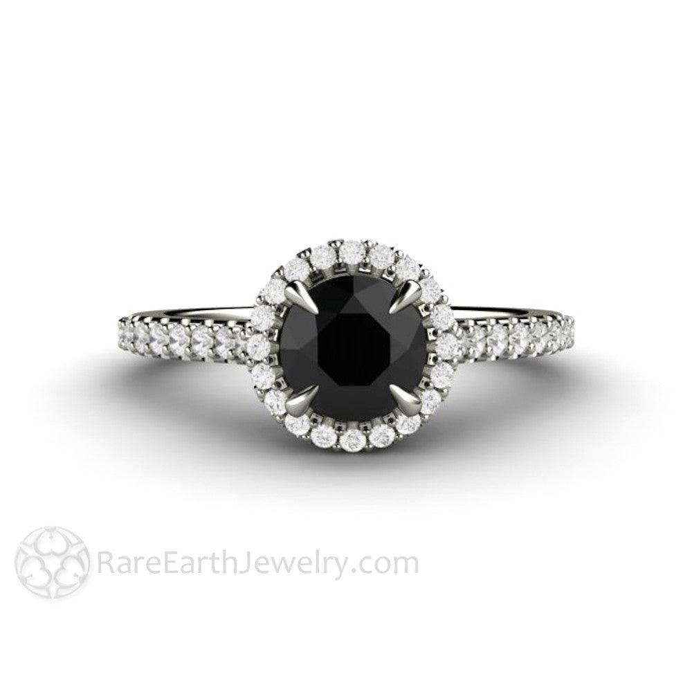 Petite Pave Halo Black Diamond Engagement Ring - Rare Earth Jewelry