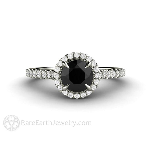 Petite Pave Halo Black Diamond Engagement Ring 14K White Gold - Engagement Only - Rare Earth Jewelry