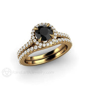 Petite Pave Halo Black Diamond Engagement Ring 18K Yellow Gold - Wedding Set - Rare Earth Jewelry