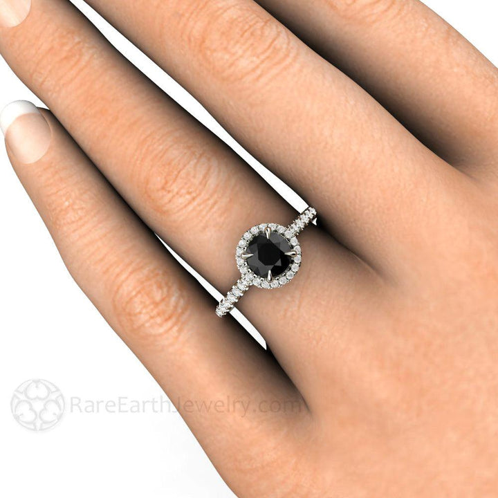 Petite Pave Halo Black Diamond Engagement Ring - Rare Earth Jewelry