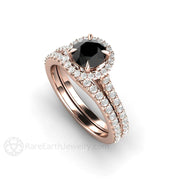 Petite Pave Halo Black Diamond Engagement Ring 18K Rose Gold - Wedding Set - Rare Earth Jewelry