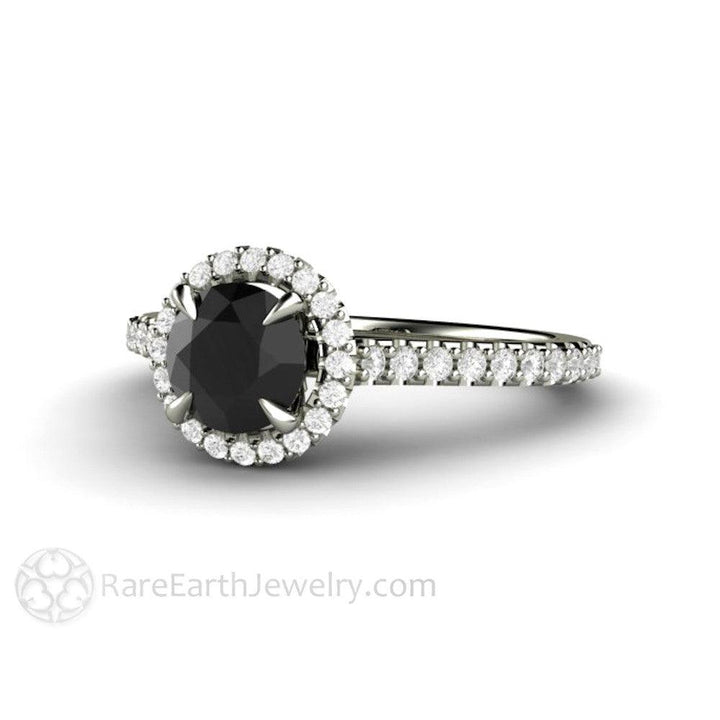 Petite Pave Halo Black Diamond Engagement Ring - Rare Earth Jewelry