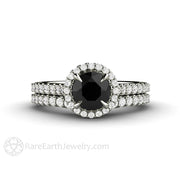 Petite Pave Halo Black Diamond Engagement Ring 14K White Gold - Wedding Set - Rare Earth Jewelry