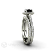 Petite Pave Halo Black Diamond Engagement Ring 18K White Gold - Wedding Set - Rare Earth Jewelry