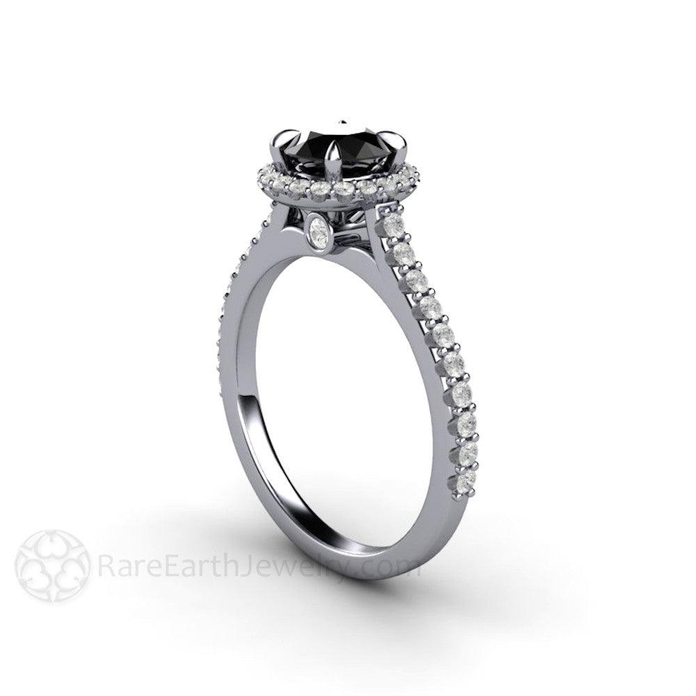 Petite Pave Halo Black Diamond Engagement Ring - Rare Earth Jewelry