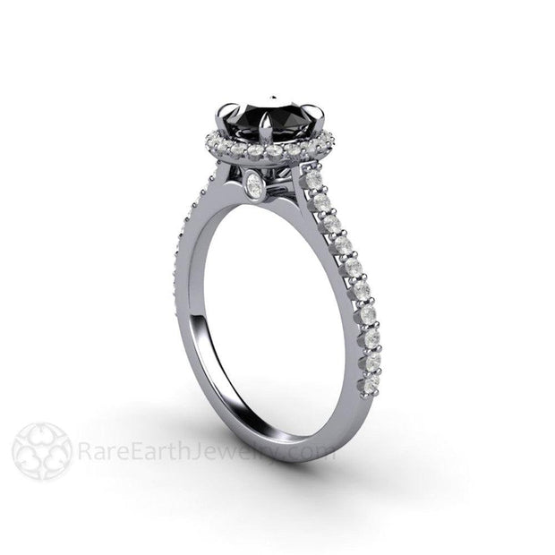 Petite Pave Halo Black Diamond Engagement Ring Platinum - Engagement Only - Rare Earth Jewelry