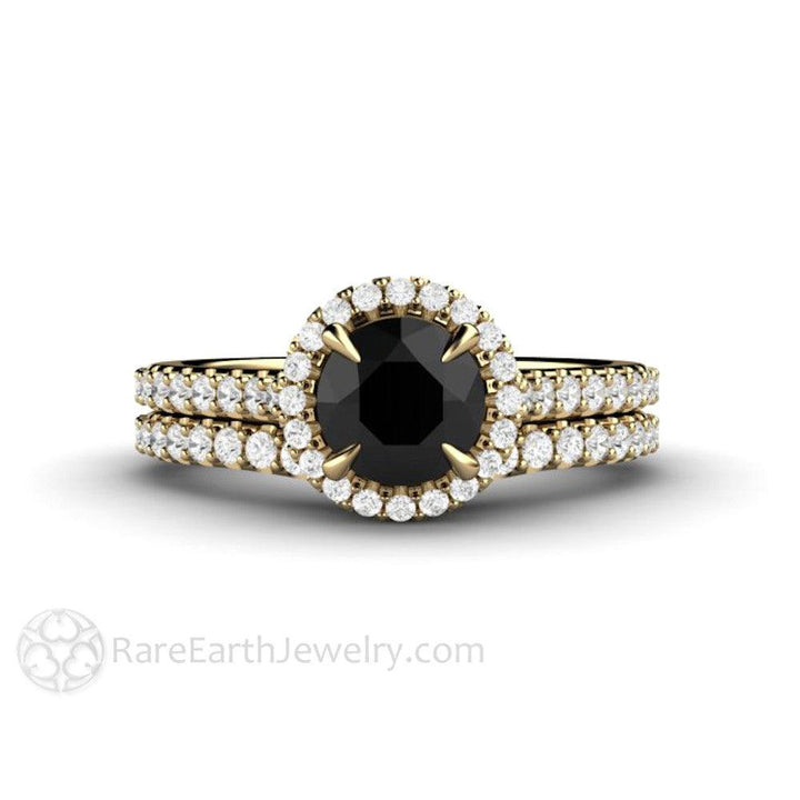 Petite Pave Halo Black Diamond Engagement Ring - Rare Earth Jewelry