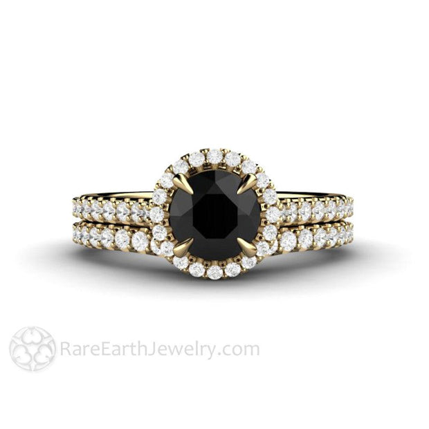Petite Pave Halo Black Diamond Engagement Ring 14K Yellow Gold - Wedding Set - Rare Earth Jewelry