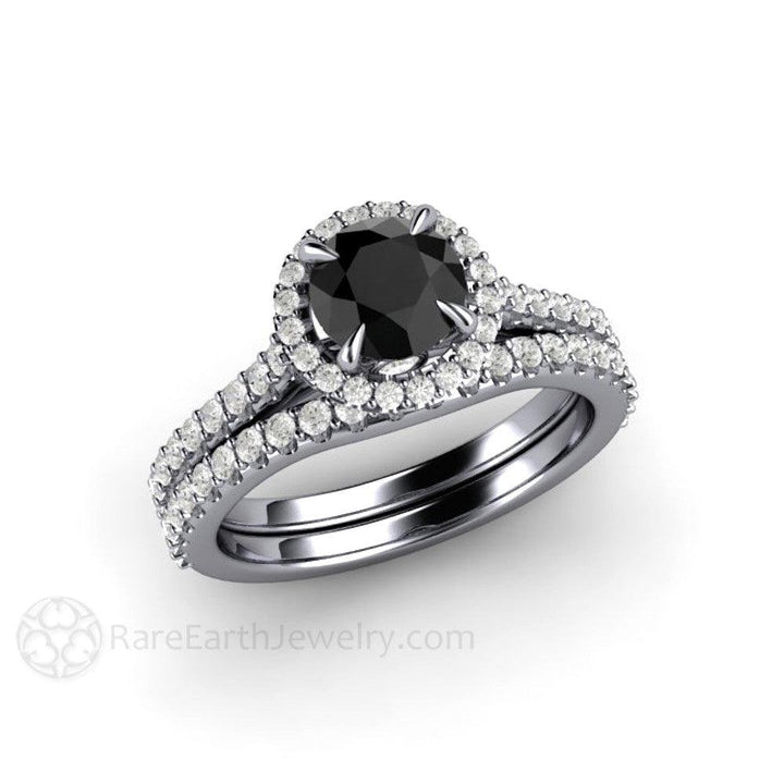 Petite Pave Halo Black Diamond Engagement Ring - Rare Earth Jewelry