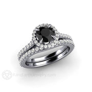 Petite Pave Halo Black Diamond Engagement Ring Platinum - Wedding Set - Rare Earth Jewelry