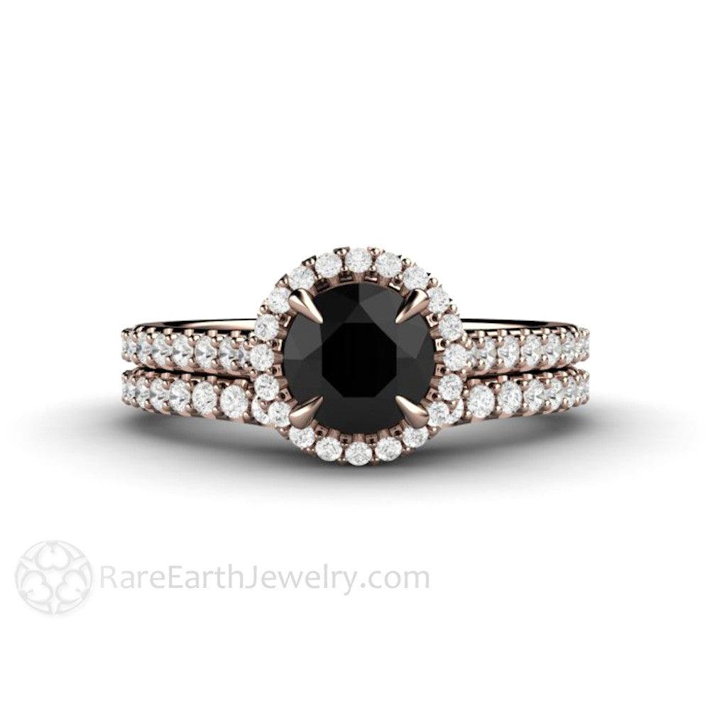 Petite Pave Halo Black Diamond Engagement Ring - Rare Earth Jewelry