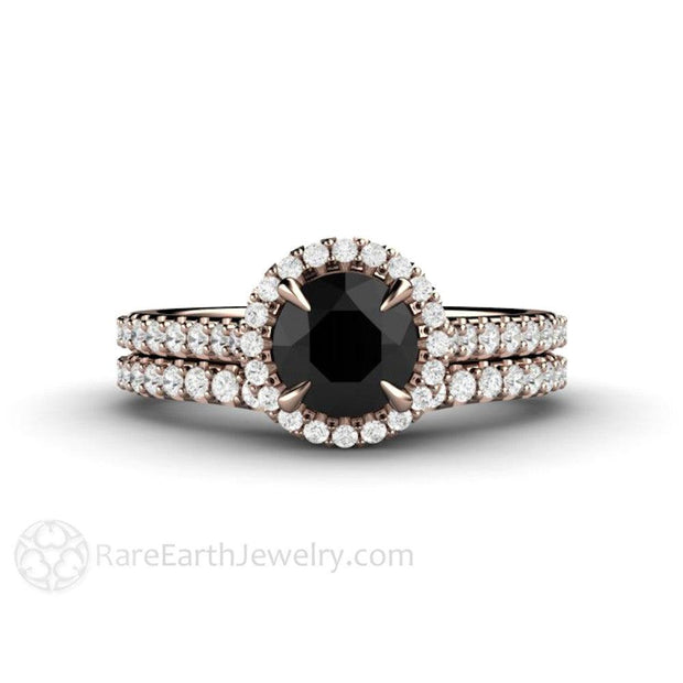 Petite Pave Halo Black Diamond Engagement Ring 14K Rose Gold - Wedding Set - Rare Earth Jewelry