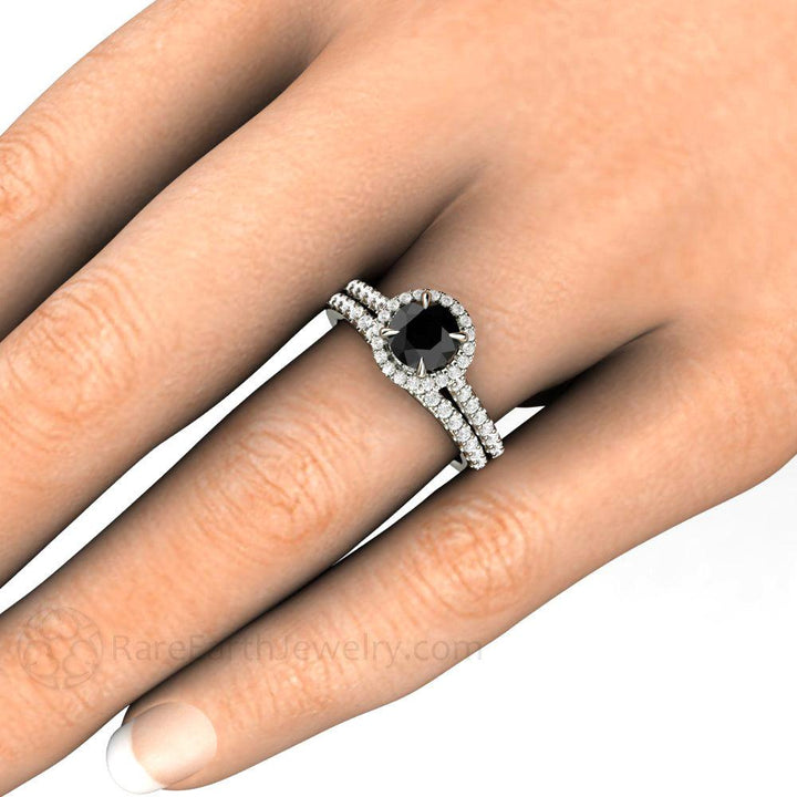 Petite Pave Halo Black Diamond Engagement Ring - Rare Earth Jewelry