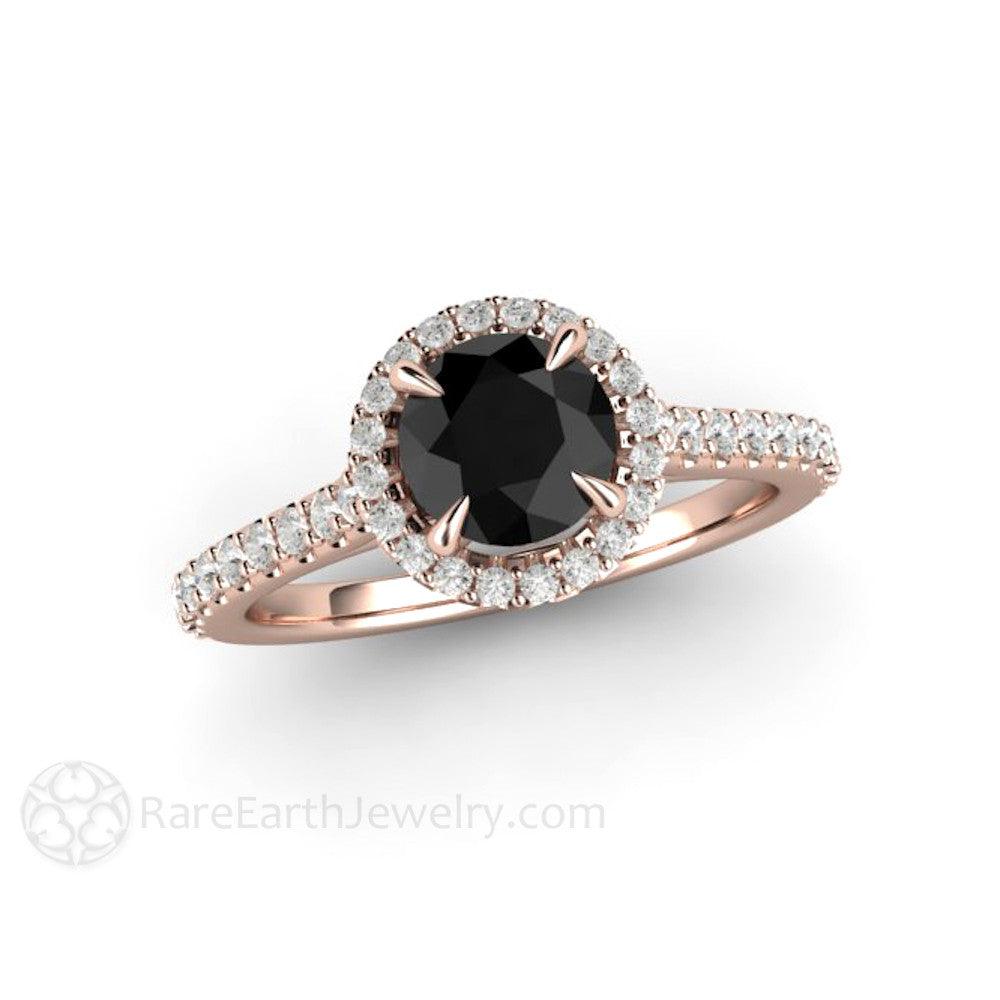 Petite Pave Halo Black Diamond Engagement Ring - Rare Earth Jewelry