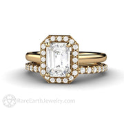 Petite Pave White Sapphire Halo Engagement Ring 14K Yellow Gold - Wedding Set - Rare Earth Jewelry
