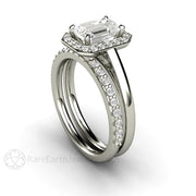 Petite Pave White Sapphire Halo Engagement Ring 14K White Gold - Wedding Set - Rare Earth Jewelry