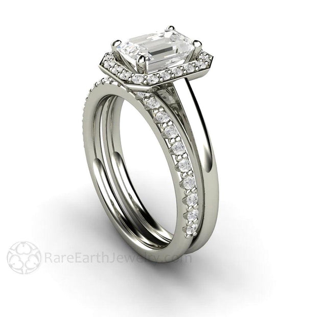 Petite Pave White Sapphire Halo Engagement Ring 14K White Gold - Wedding Set - Rare Earth Jewelry
