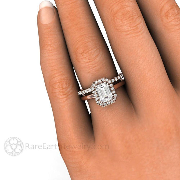 Petite Pave White Sapphire Halo Engagement Ring 14K Rose Gold - Wedding Set - Rare Earth Jewelry