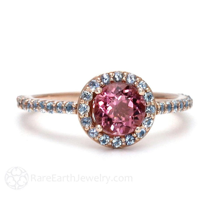 Petite Pink Tourmaline Ring with Aquamarine Halo - Rare Earth Jewelry