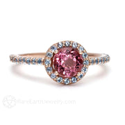 Petite Pink Tourmaline Ring with Aquamarine Halo 14K Rose Gold - Rare Earth Jewelry