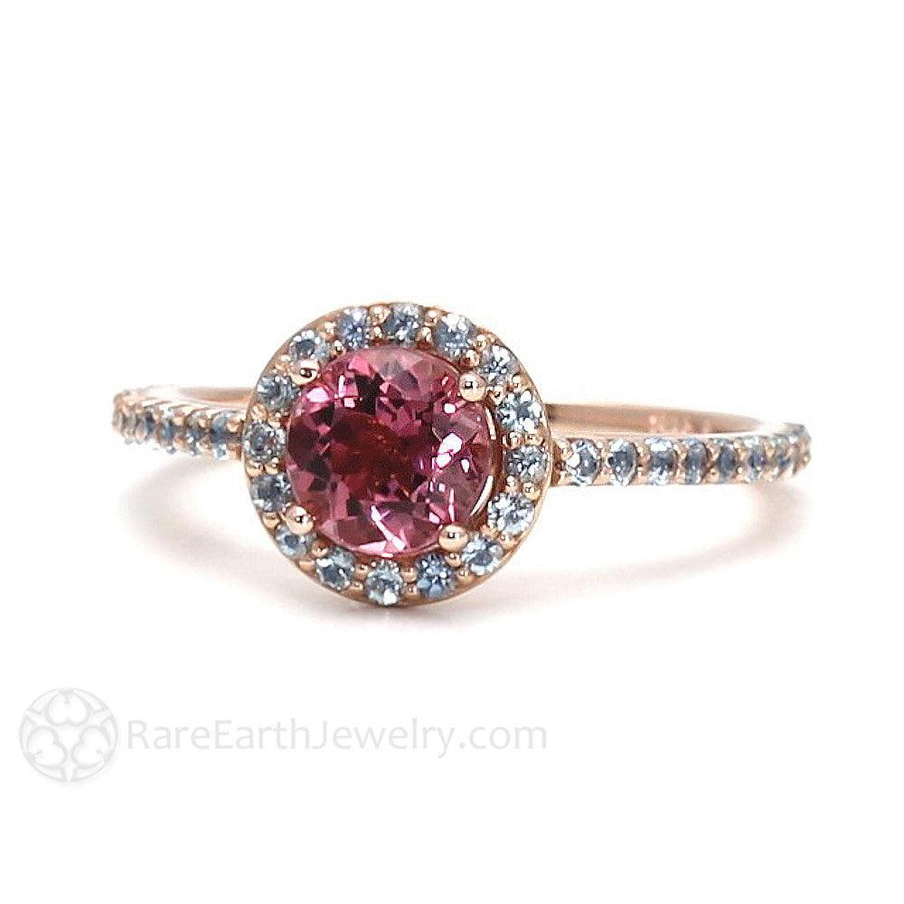 Petite Pink Tourmaline Ring with Aquamarine Halo - Rare Earth Jewelry