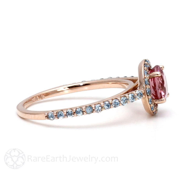 Petite Pink Tourmaline Ring with Aquamarine Halo 14K Rose Gold - Rare Earth Jewelry