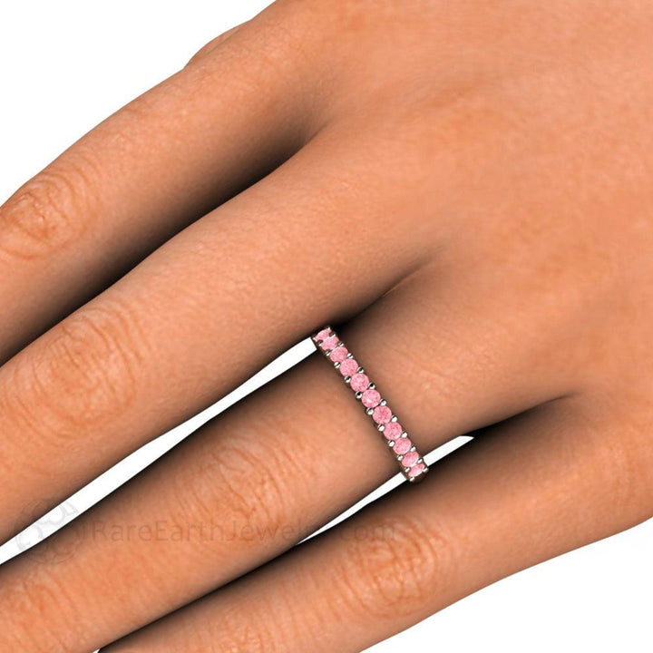 Pink Diamond Band shown on the Hand, Wedding Ring or Anniversary Band, Stackable Pink Stone Ring | Rare Earth Jewelry