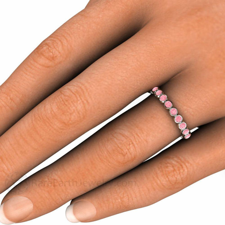 Pink Diamond Wedding Band on the Hand, Stackable Bezel Set Ring, 14K or 18K Gold Bubble Band | Rare Earth Jewelry