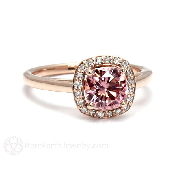 Pink Moissanite Engagement Ring Cushion Cut Petite Diamond Halo 18K Rose Gold - Rare Earth Jewelry