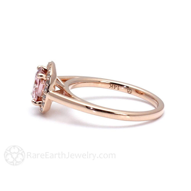 Pink Moissanite Engagement Ring Cushion Cut Petite Diamond Halo 14K Rose Gold - Rare Earth Jewelry