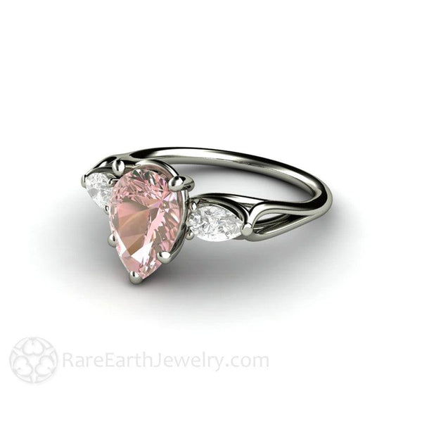 Pink Moissanite Engagement Ring Pear Cut 3 Stone Platinum - Rare Earth Jewelry