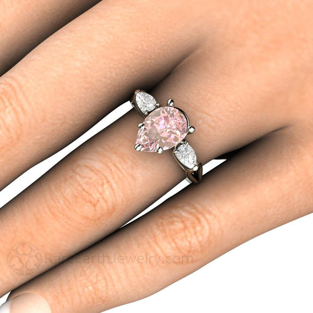 Pink Moissanite Engagement Ring Pear Cut 3 Stone - 14K White Gold - Moissanite - Pear - Pink - Rare Earth Jewelry