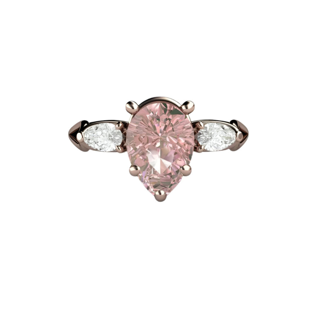 Pink Moissanite Engagement Ring Pear Cut 3 Stone, Rare Earth Jewelry