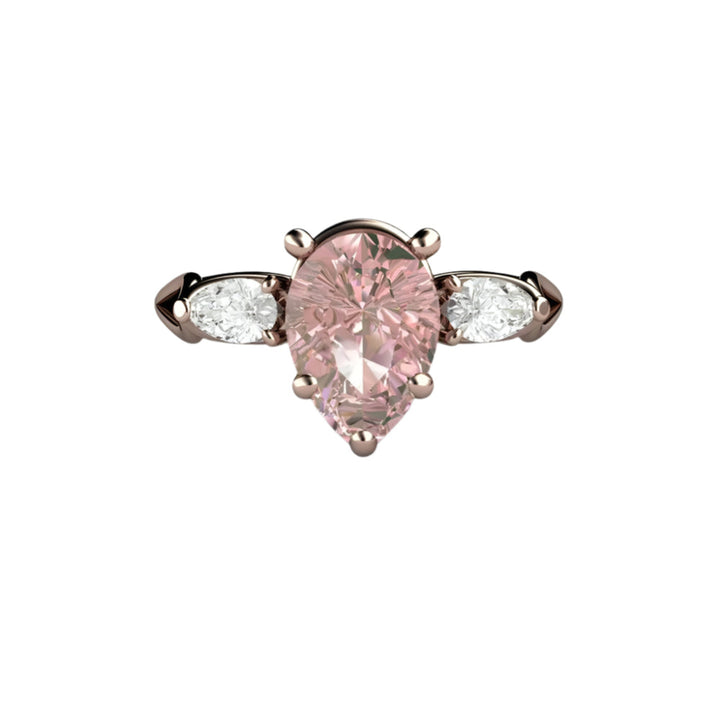 Pink Moissanite Engagement Ring Pear Cut 3 Stone, Rare Earth Jewelry