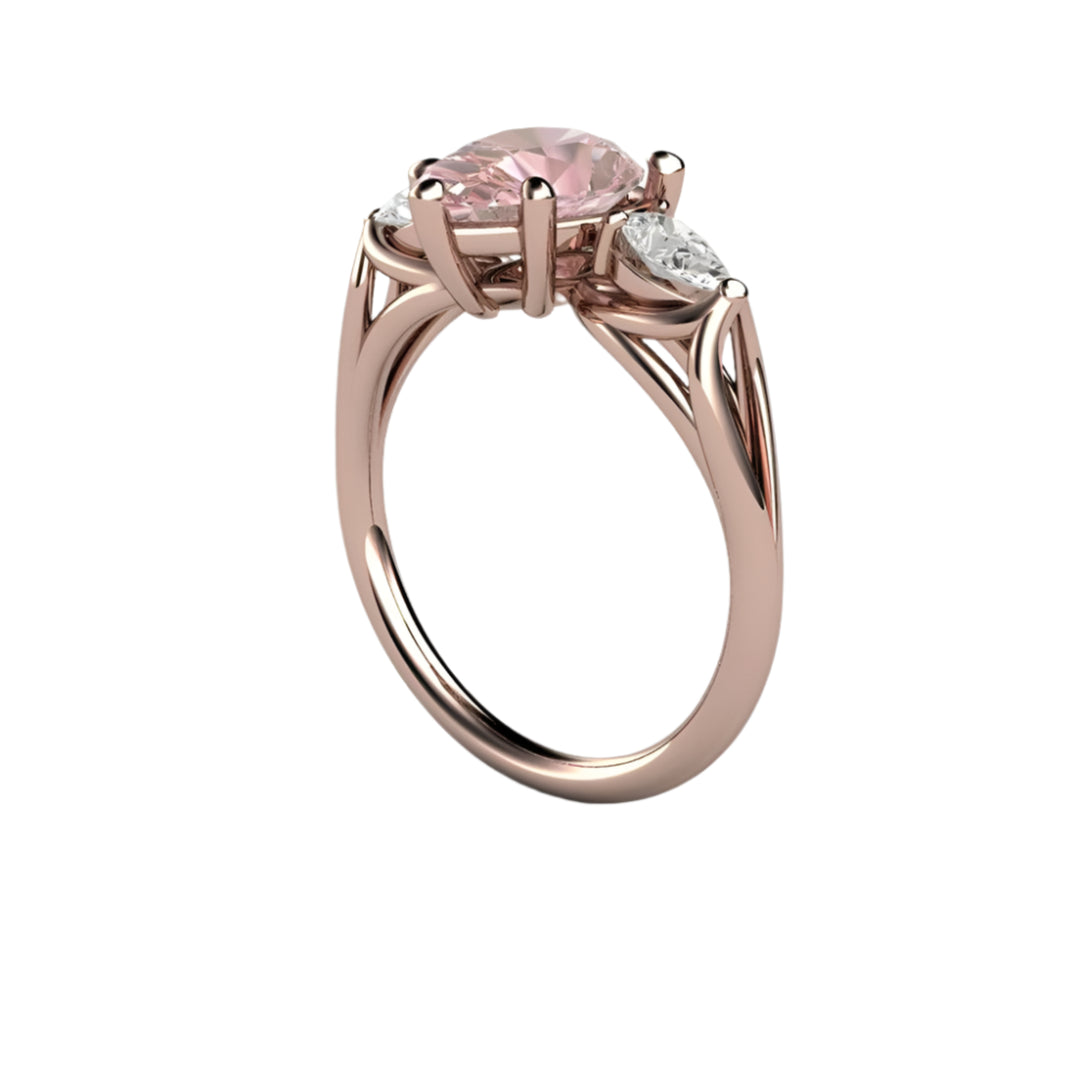 Pink Moissanite Engagement Ring Pear Cut 3 Stone, Rare Earth Jewelry