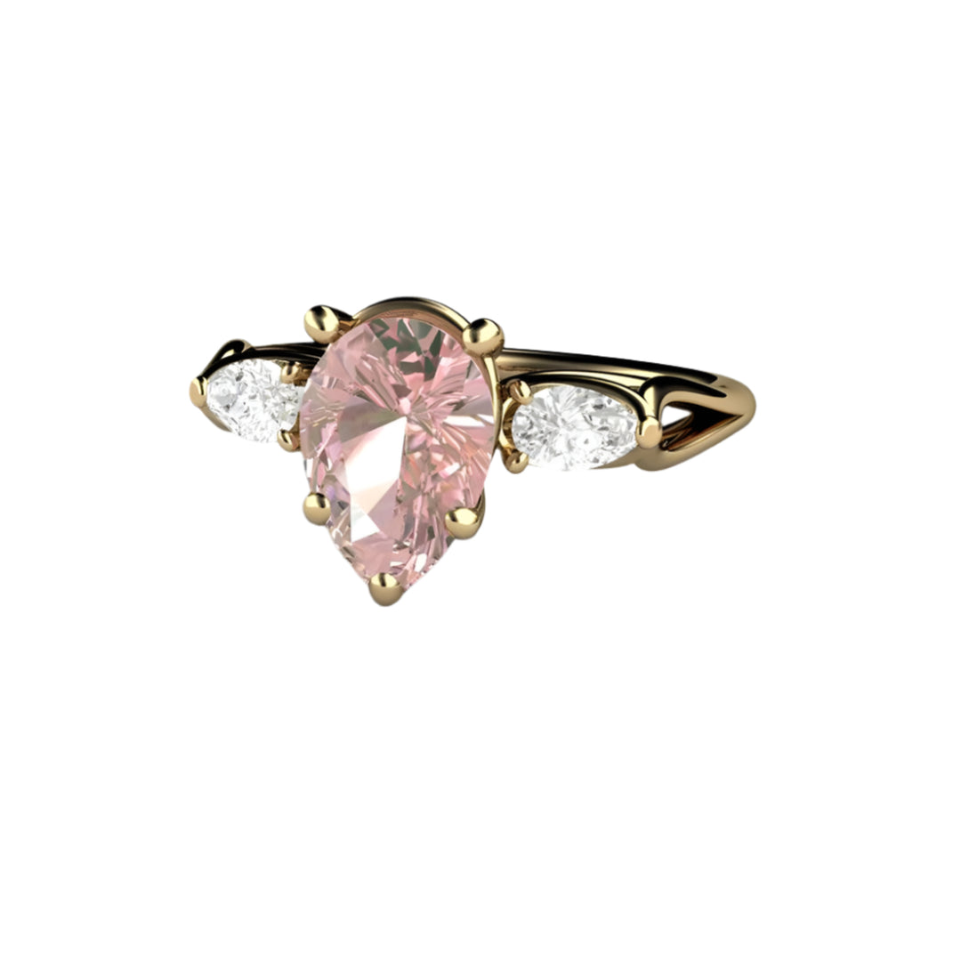 Pink Moissanite Engagement Ring Pear Cut 3 Stone, Rare Earth Jewelry