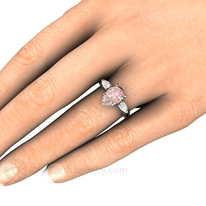 Pink Moissanite Engagement Ring Pear Cut 3 Stone, Rare Earth Jewelry